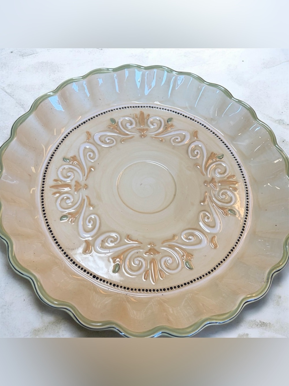 Decorative Scalloped Serving Platter in Cream Green Trim 13” Grasslands Roads